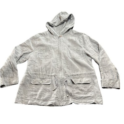 Kenar Women XL 100% Linen Hooded Utility Zip Up Jacket Lightweight Basic Gray