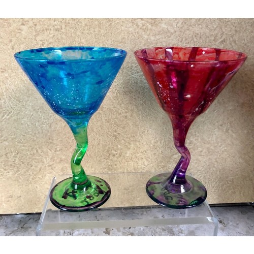 2 Vintage Z Stem Custom Hand Painted Glass Martini Glasses Libbey Watusi Zig Zag - Picture 1 of 5