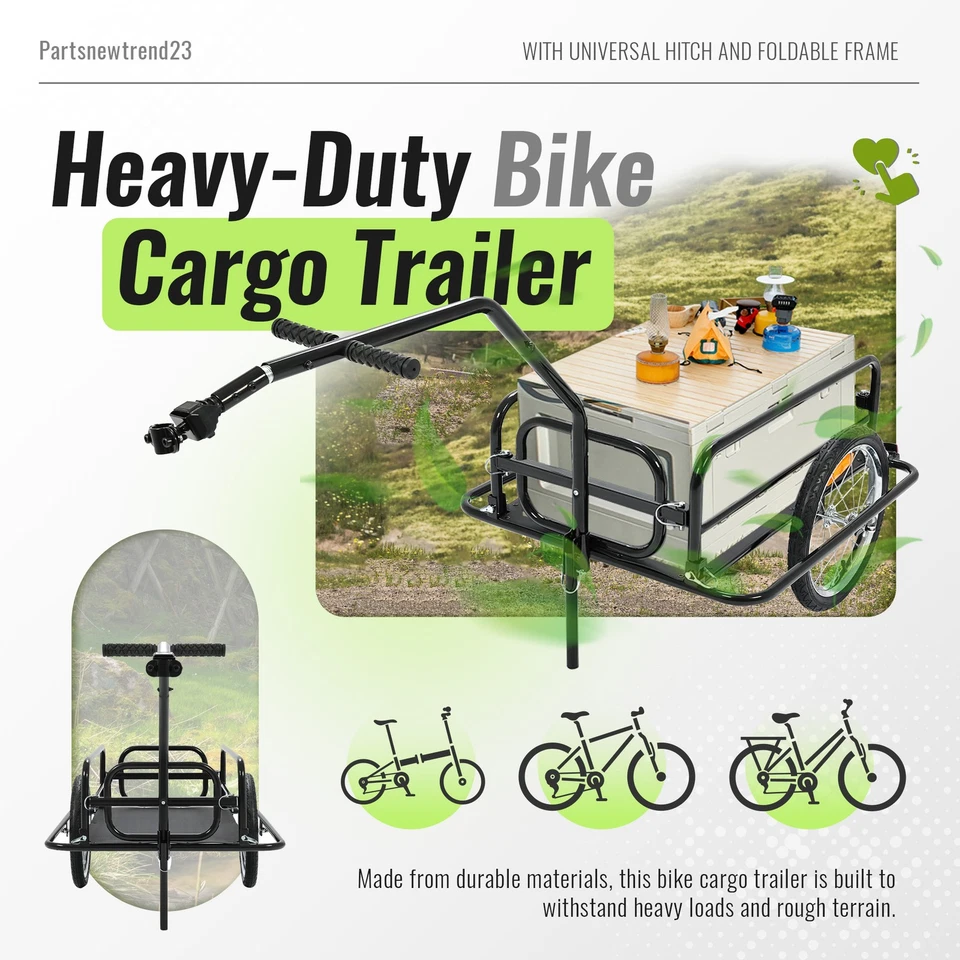 180LBS Universal Black Steel Frame Foldable Bicycle Cargo Trailer with Hitch - Image 3 of 4
