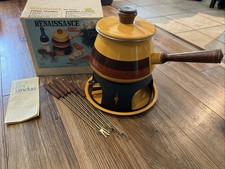Vintage Stripe Orange/Brown Metal Fondue Pot w/Stand, Set of 6 Fondue Forks MCM