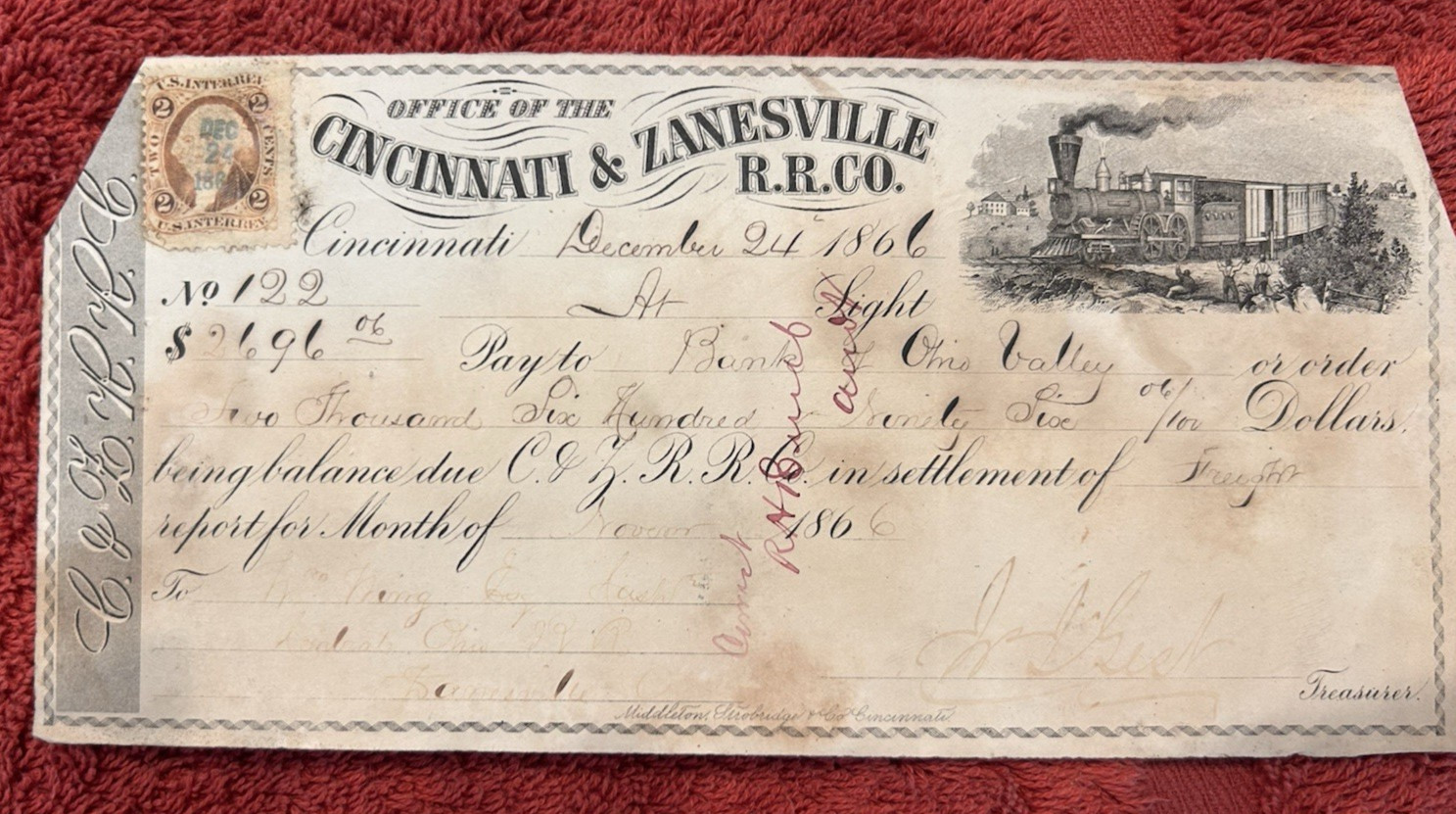 Vintage 1866 Cincinnati & Zanesville Railroad Train Cancelled Check W Tax Stamp