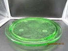 Jeanette Uranium Glass Sunflower Cake Plate Green Depression Stand Daisy Footed
