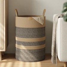95L Striped Laundry Hamper with Leather Handles,Large 95L/25.1Gal Dark Brown