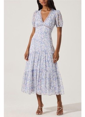NWT ASTR Light Blue Floral V-Neck Tiered Midi Dress Small | eBay