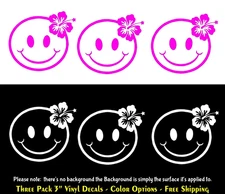 Smiley Face Hibiscus Fower Three Pack 3" Vinyl Decals Car Window Laptop Tablet