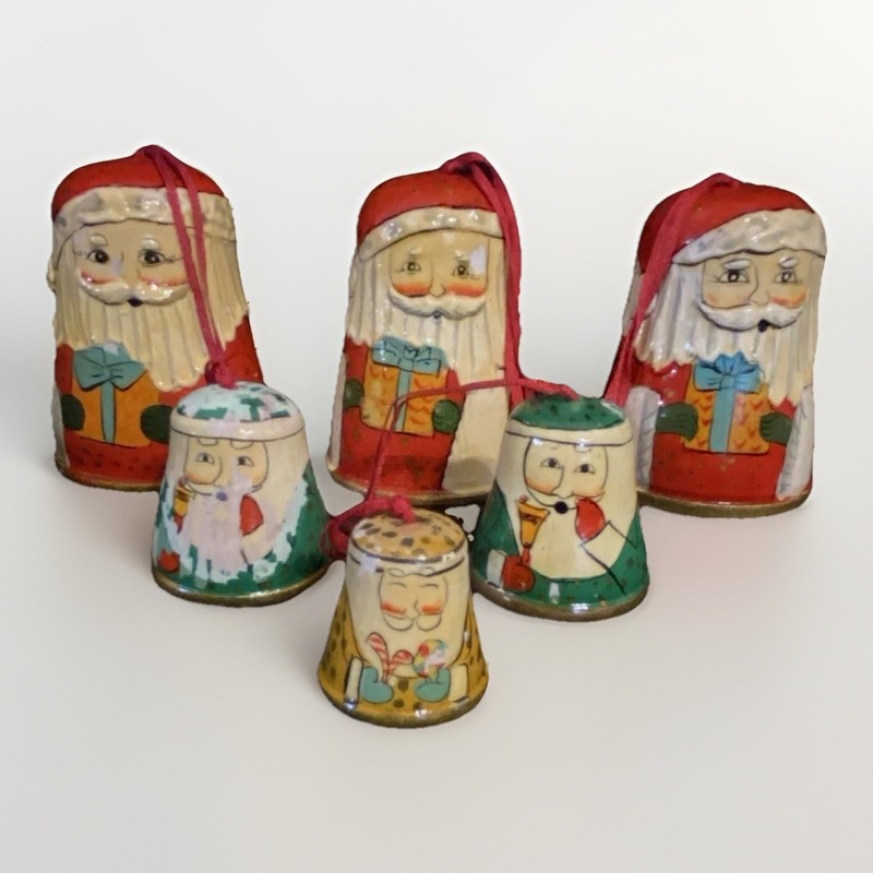 Vtg Set of 6 Decorative Nesting Santa Bells Wood Painted Christmas Ornament