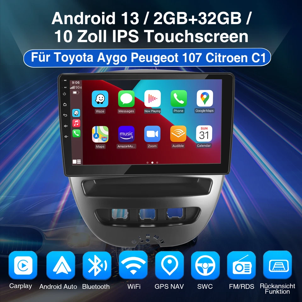 Autoradio Carplay Android 13 Auto GPS RDS Per Peugeot 107 Toyota Aygo Citroen C1 - Immagine 2 di 4