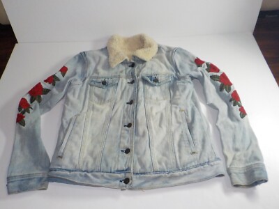 Pacsun Denim Sherpa Lined Flower Embroidered Jacket (See Measurements)