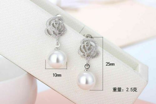 Women Girls Silver Plated Pearl Rose Earrings Drop Dangle Crystal Stud - Picture 2 of 7