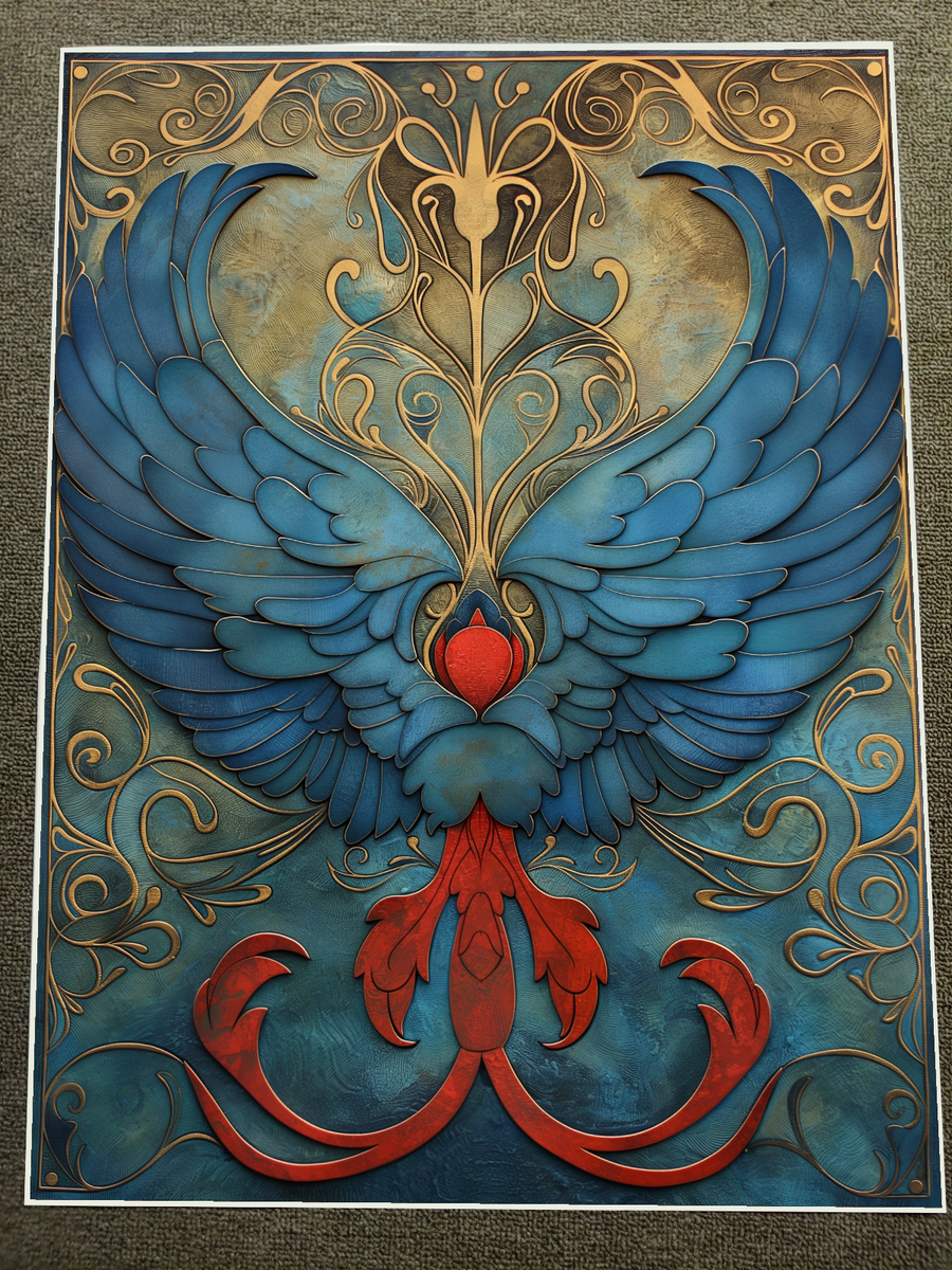 Majestic Blue Phoenix Art Print Red Gold Black Tapestry Poster