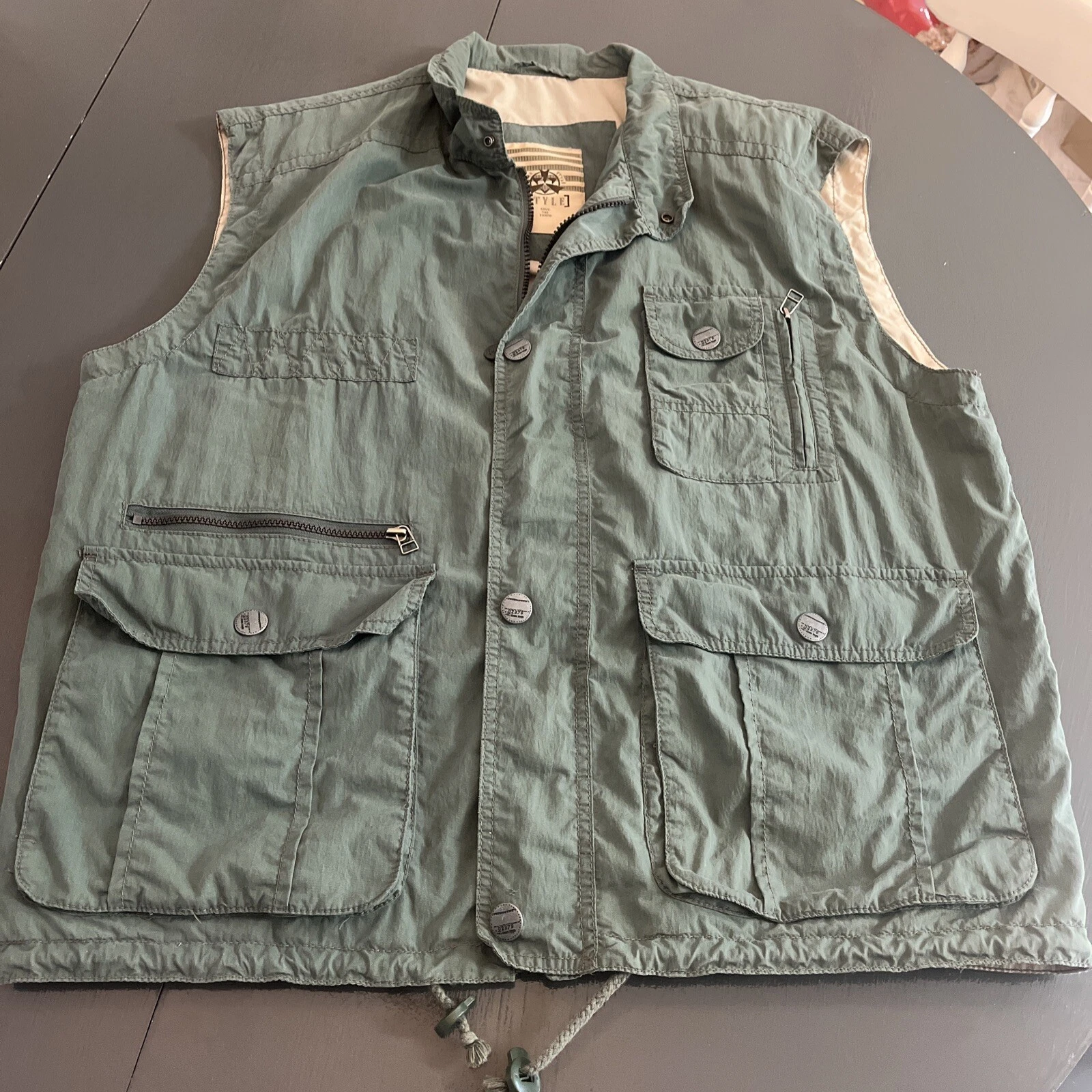 Vest Jacket Mens L Green Khaki Puffer Vest Vintage 90s Fishing Hunting Tactical