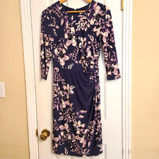 Eliza J 3/4 Sleeve Lined Floral Blue Purple Dress Ruched Side Zip Back Size 6