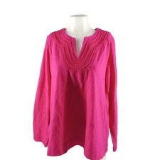 NWT CHARTER CLUB Embroidered Neckline Top XL(16-18) Garden Party Fuchsia Cotton