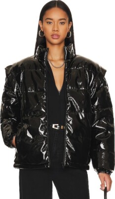 We Wore What Snap Off Sleeve Shiny Faux leather Puffy Jacket in