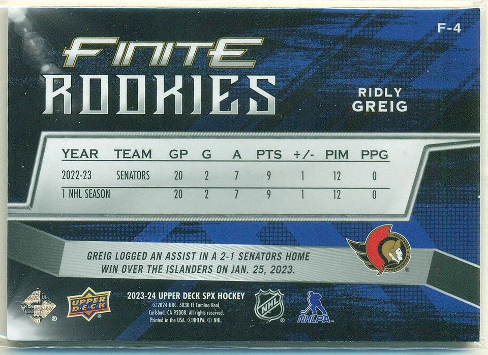 2023-24 Upper Deck SPx Finite Rookies F-4 RIDLY GREIG RC 163/799 Senators - Image 2 of 2