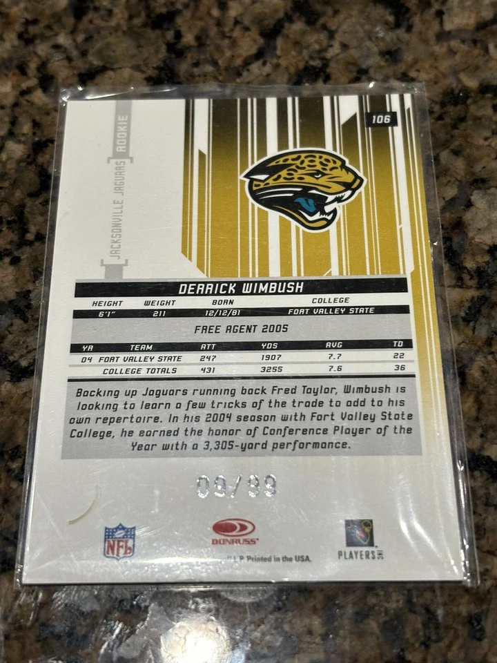 2005 Leaf Rookies & Stars Longevity Emerald #9/99 Derrick Wimbush #106 Rookie - Image 2 of 2