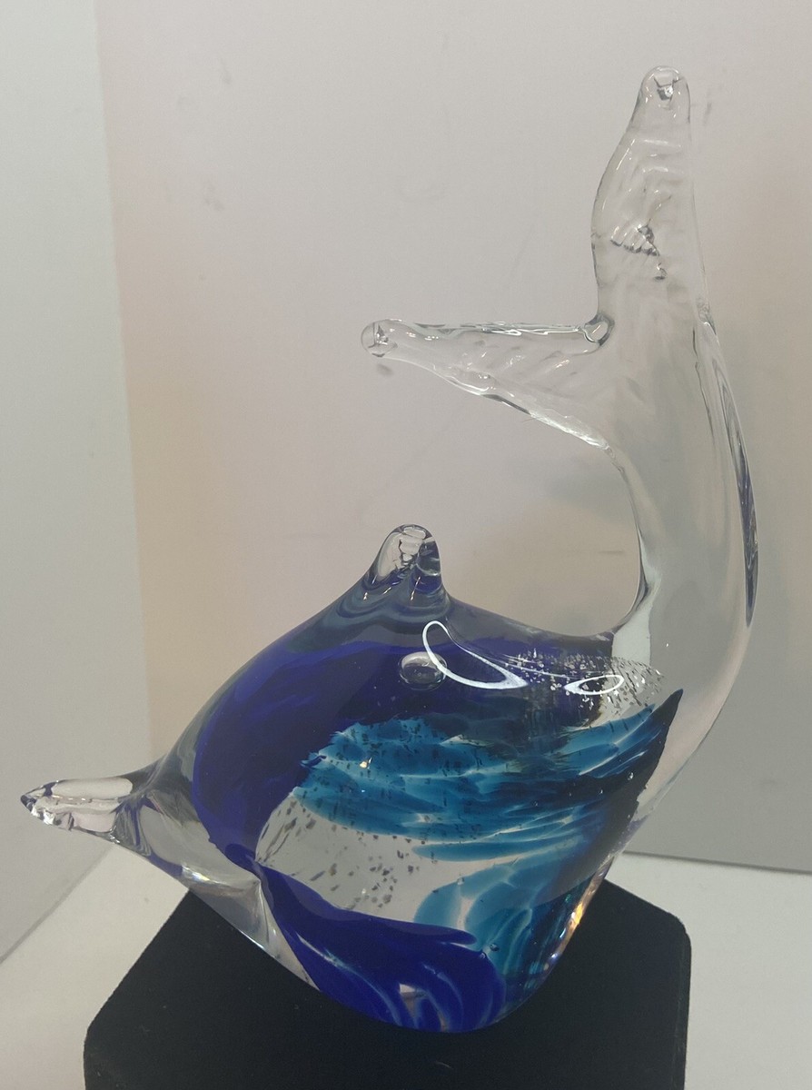 MURANO GLASS WHALE FIGURINE CLEAR W/ BLUE & SILVER, MADE IN ITALY