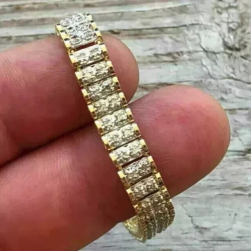 12Ct Round Lab Created Diamond Men Tennis Link Bracelet 14K Yell Gold Plated 8" - Picture 1 of 7