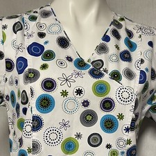 Nurse Scrub Mock Wrap Top White Blue Green Purple Flowers Circles Pockets XS