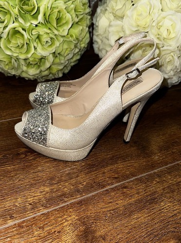 ESSENCE MENBUR Champagne & Silver Sequins Metallic Fabric Heels Sz EU 37/US 6.5 - Picture 4 of 12