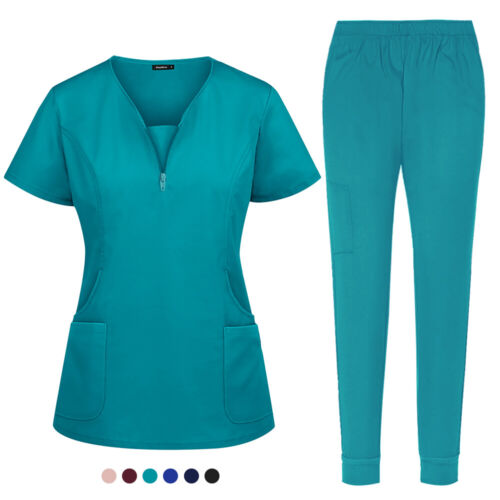 Stretch Scrub Women Solid V-Neck Top Cargo Jogger Pant Medical Nurse Uniform - Afbeelding 1 van 58
