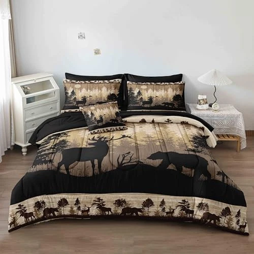  Hunting Comforter Set Size,8 Pcs Cabin Rustic Bear and Deer King Taupe