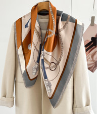 100 Mulberry Silk Scarf Square 88X88cm Women Bandana Orange strip print Wrap