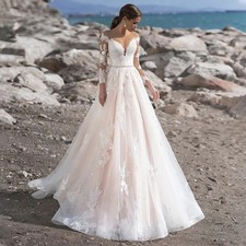 A-Line Long Sleeve Wedding Dress Shiny Sweetheart with Crystal Belt Bride Gown