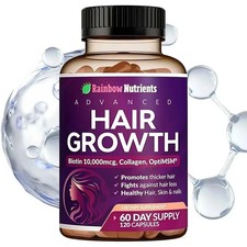 NEW Rainbow Nutrients ADVANCED Hair Growth Vitamins   Biotin 10,000mcg, Collagen