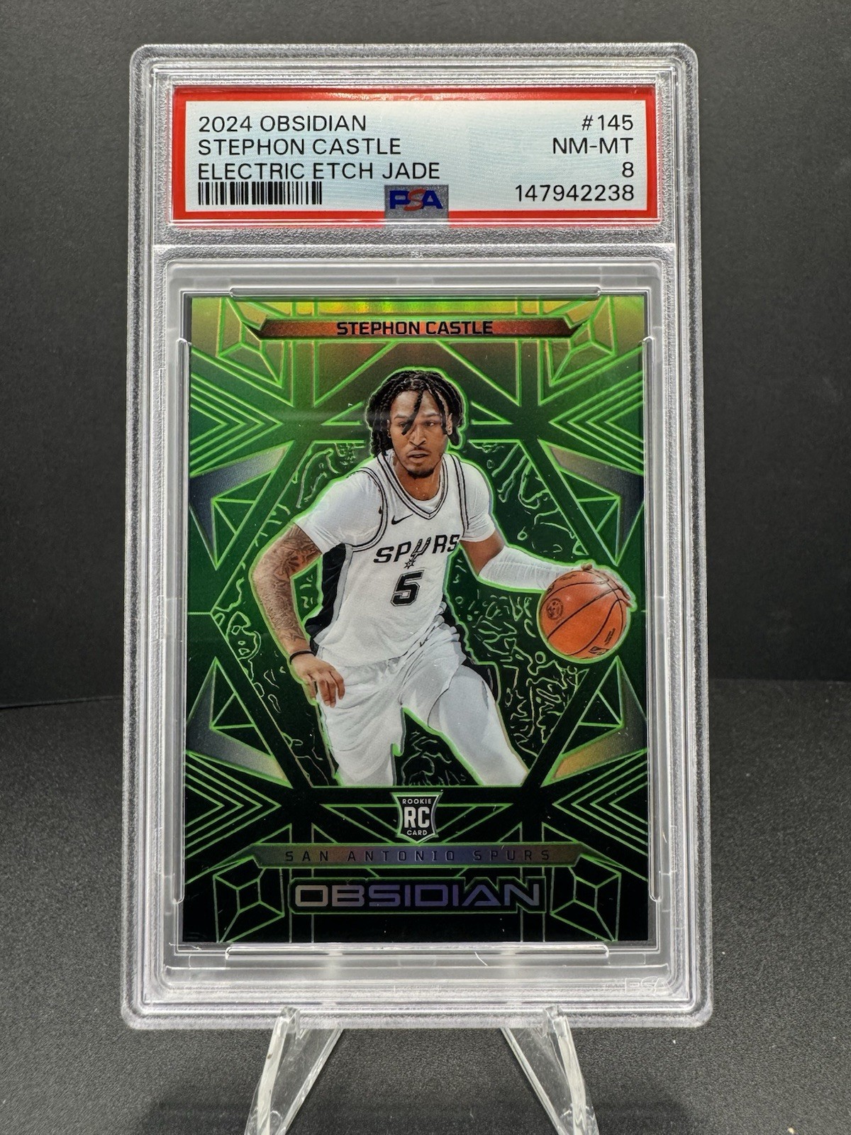 2024-25 Obsidian Stephon Castle RC Electric Etch Jade /25 PSA 8 Spurs Rookie SSP