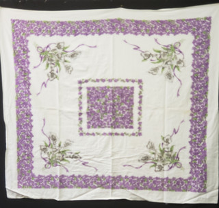 Vintage 50s Cotton Tablecloth Printed 46x52" Purple Violet Calla Lilies Estate