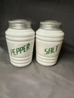VTG Hazel Atlas Milk Glass Beehive Style Salt & Pepper Shakers Green Strip 4.5"