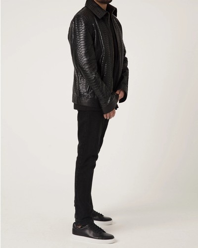 Men's Leather Jacket Black Python Pattern Embossed Real Luxury Leather Jacket - Picture 3 of 7