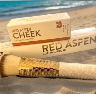 Red Aspen PEACHY KEEN Cheek Cream Blush Stick & BUFFING BRUSH Lightweight