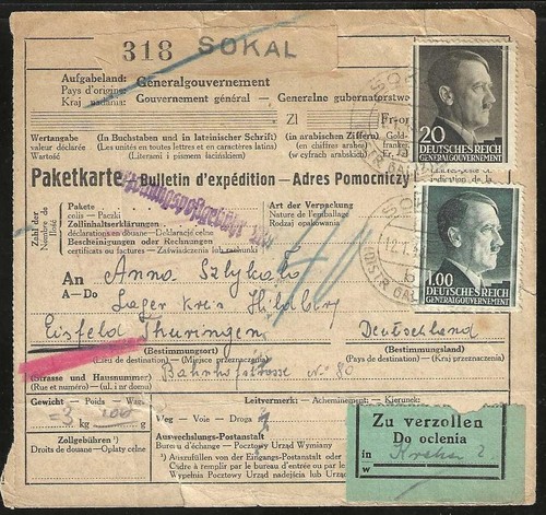 POLAND GENERAL GOVERNMENT 1943 Postal Order Card Sokal to Eisfeld