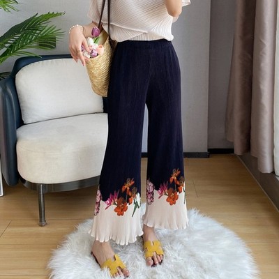 Pleats Please Issey Style Pleated Wide-Legged Trousets with Floral Pattern