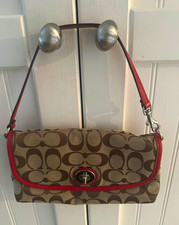 Coach Signature Turnlock Flap Shoulder Bag Beige/Brown/Red Silver Detach Strap