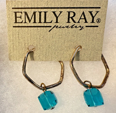Emily Ray Sterling Silver Geometric Hoop Earrings Blue Glass Crystal Faceted