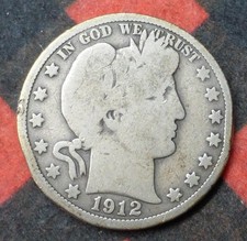 1912 Barber Silver Half Dollar, United States 90% Silver Liberty Head 50C Coin