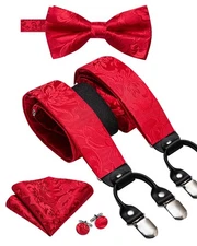 Mens Clips Suspenders and Pretied Bowtie Set Y Shape Adjustable Paisley Check...