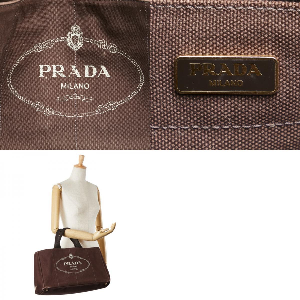 PRADA Triangle Logo Plate Canapa L Handbag Tote Bag Brown Canvas Ladies Used fro thumbnail 10