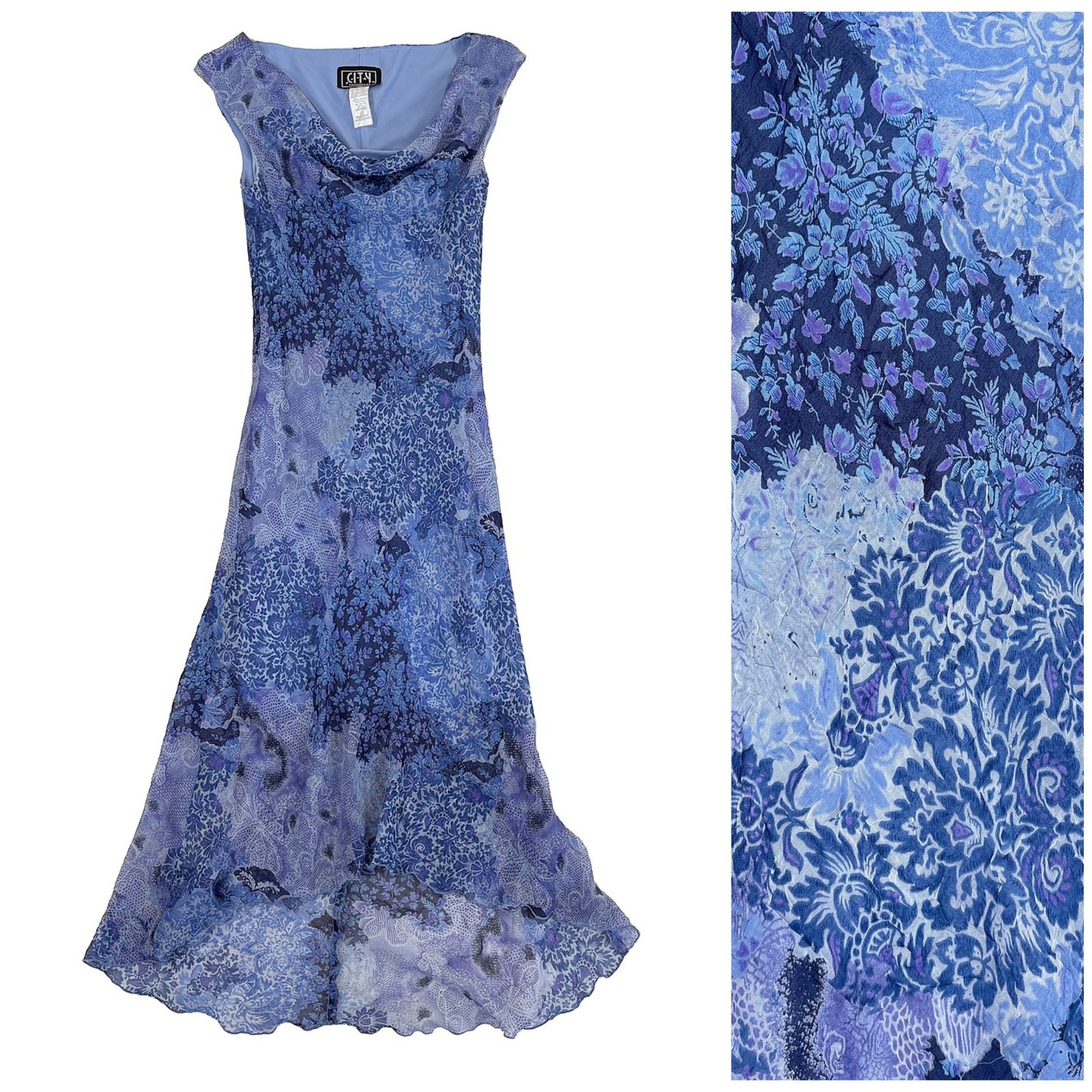 Y2K City Triangles Midi Dress Womens 7 Blue Floral Mermaid Cowl Neck Slip Fairy