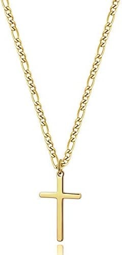 Collar Cruz de Oro Laminado para Hombre Cadena Figaro Acero Inoxidable Cruz 14K