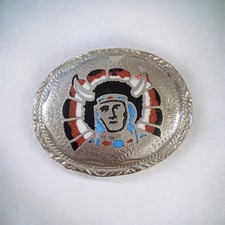 Vtg Silver Turquoise Coral Inlay Indian Chief Buffalo Horns Belt Buckle 1984