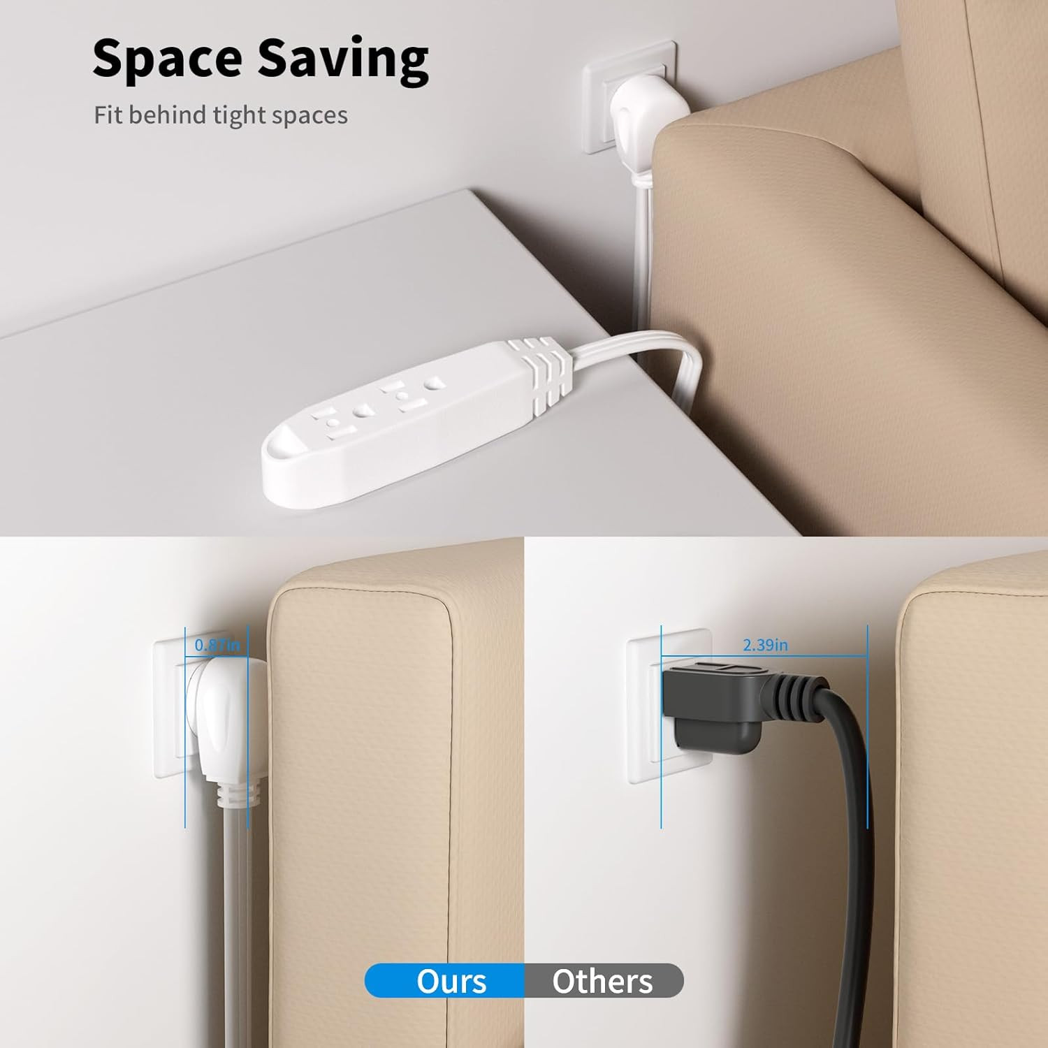 K KASONIC 1ft 3-Outlet Extension Cord 2-Pack, UL Listed, 13A 125V, White