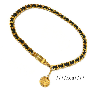 CHANEL CC Logo Chain Belt Gold Vintage GP Auth Coco Black 