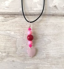 Pink Heart Stone Charm Necklace Silver Beaded Jewelry Women Girls