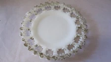 Victorian Milk Glass Plate Open Edging Fleur de lis Gold Paint 7 1/2 Dia Antique