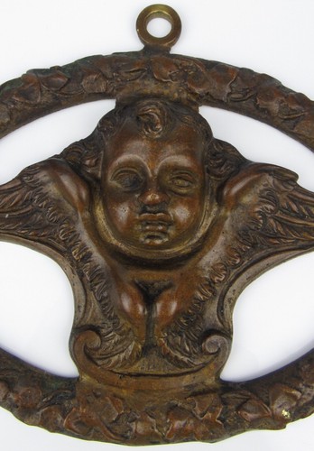 Vintage Bronze Brass Winged Cherub Putti Angel Mount Plaque - Picture 2 of 7