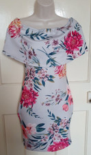 PRETTYLITTLETHING Ladies UK 8 Grey Floral Off-Shoulder Short Sleeve Dress 